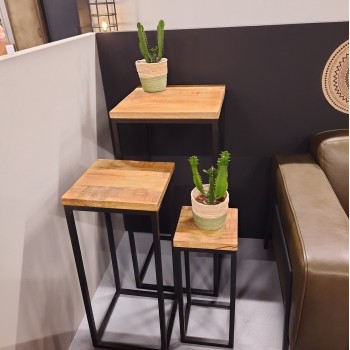 Hulst | Industriële plantentafel | Set van 3 | Mangohout naturel